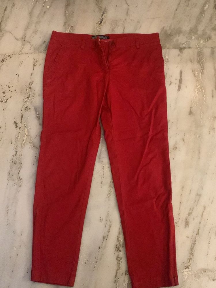 Fabels By Fabindia Red Calf Length Trousers