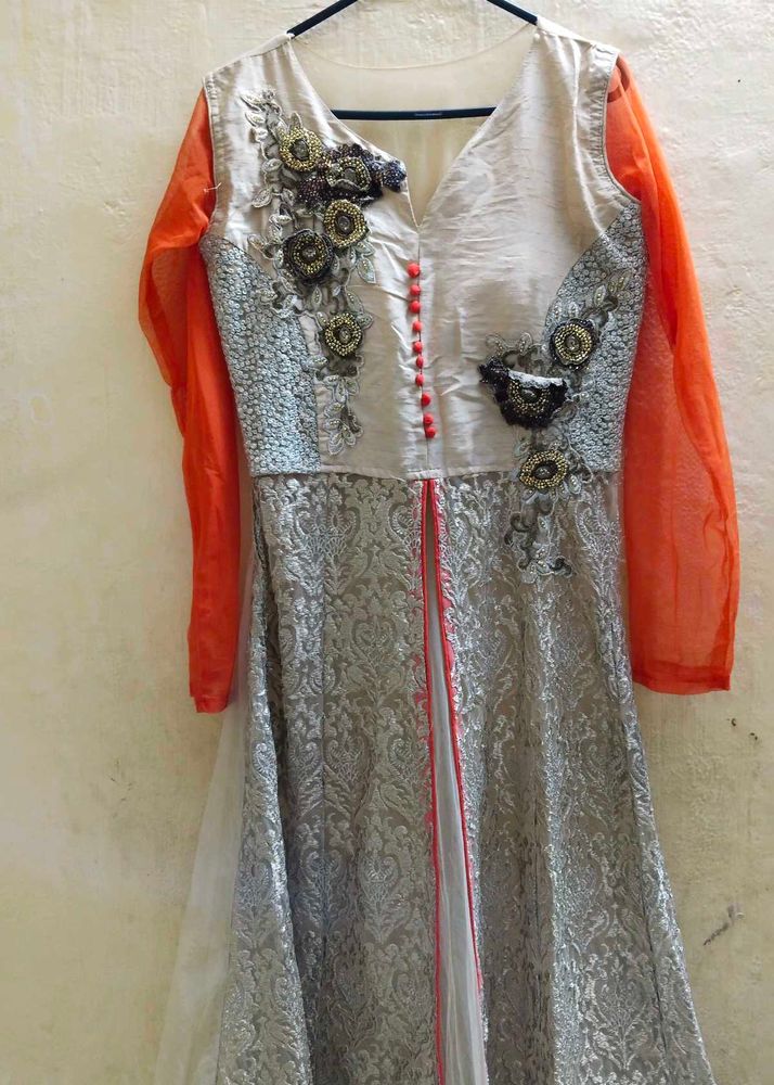 Elegant Silver Embroidered Net Gown Formal Dress