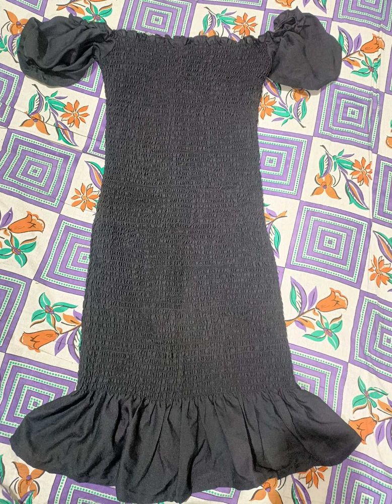 Black Off-Shoulder Smocked Dress