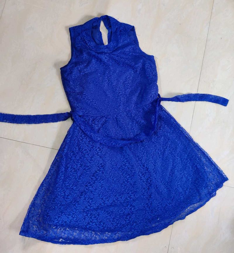 Blue Lace CUTE DRESS WITH belt And Zip