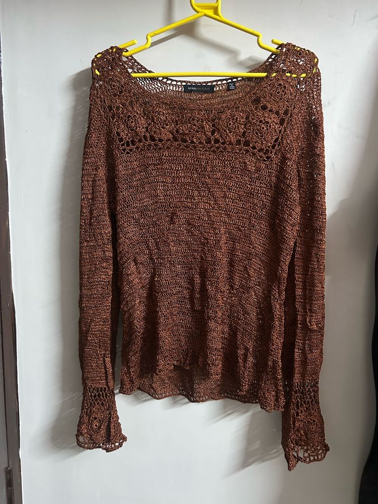 Brown Crochet Knit Top