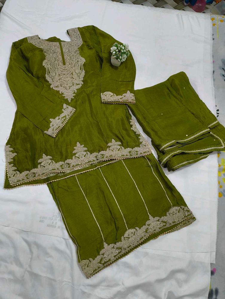 Olive Green Embroidered Pakistani Suit