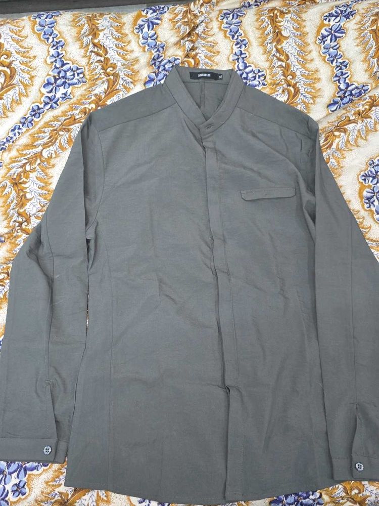 Olive Green Mandarin Collar Full Sleeve Shirt