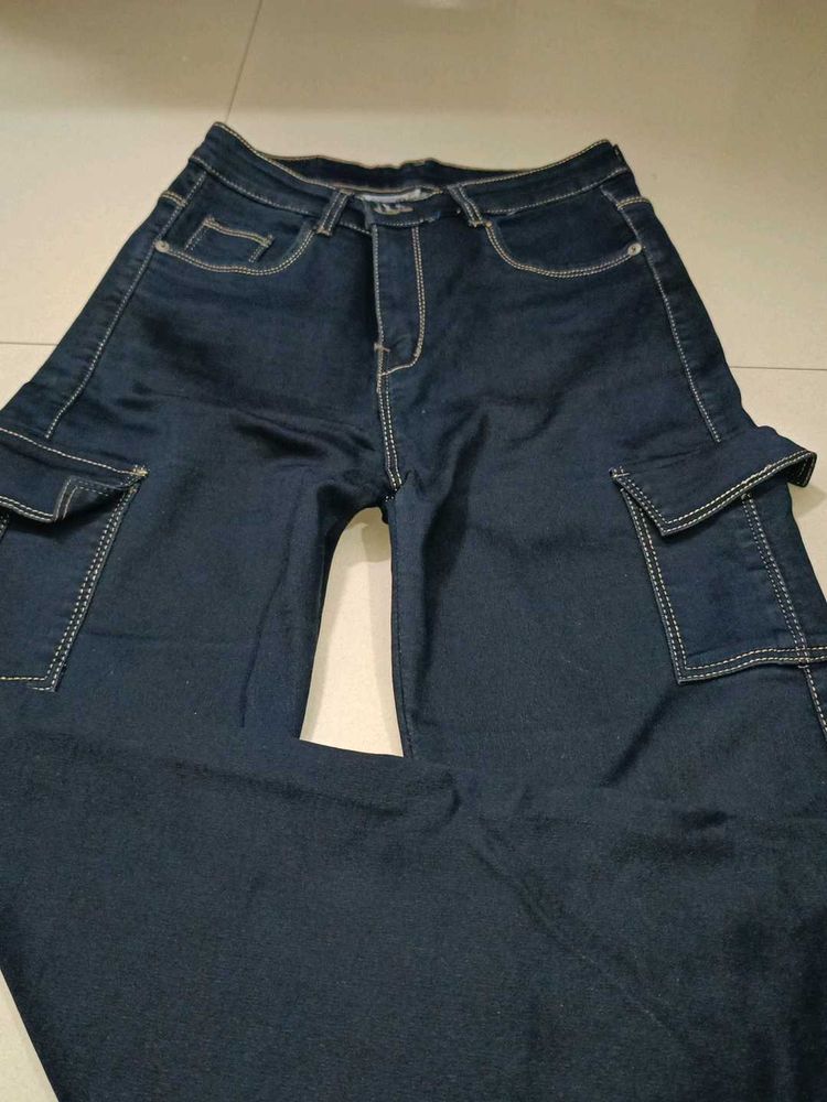 Dark Black Denim Cargo Pants