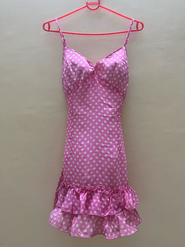 Pink Polka Dot Ruffle Mini Dress