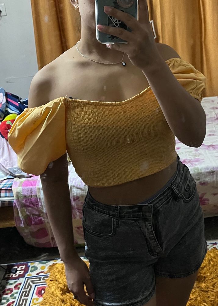 Yellow Smocked Off-Shoulder Crop Top