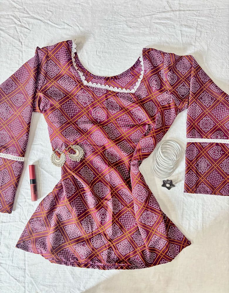 Burgundy Bandhani Print Short Kurti