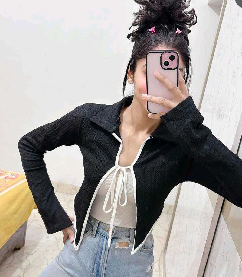 Trendy Black Tie-Front Top