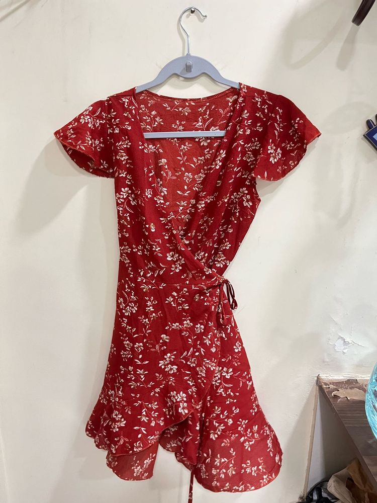 Red Floral Wrap Dress