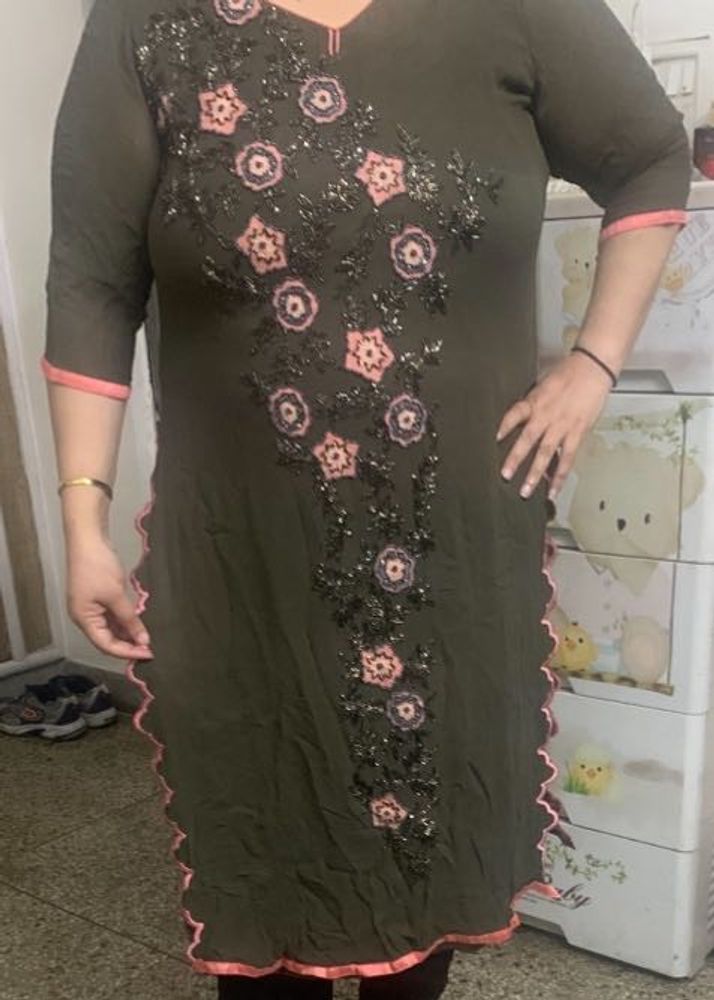 Brown Kurti With Cutdana Work.. Cutwork In Pink
