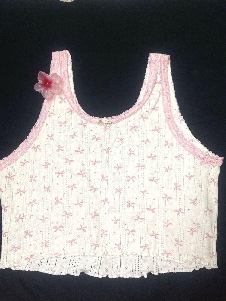 Pink Bow Lace Trim Tank Top XS for Girls/women