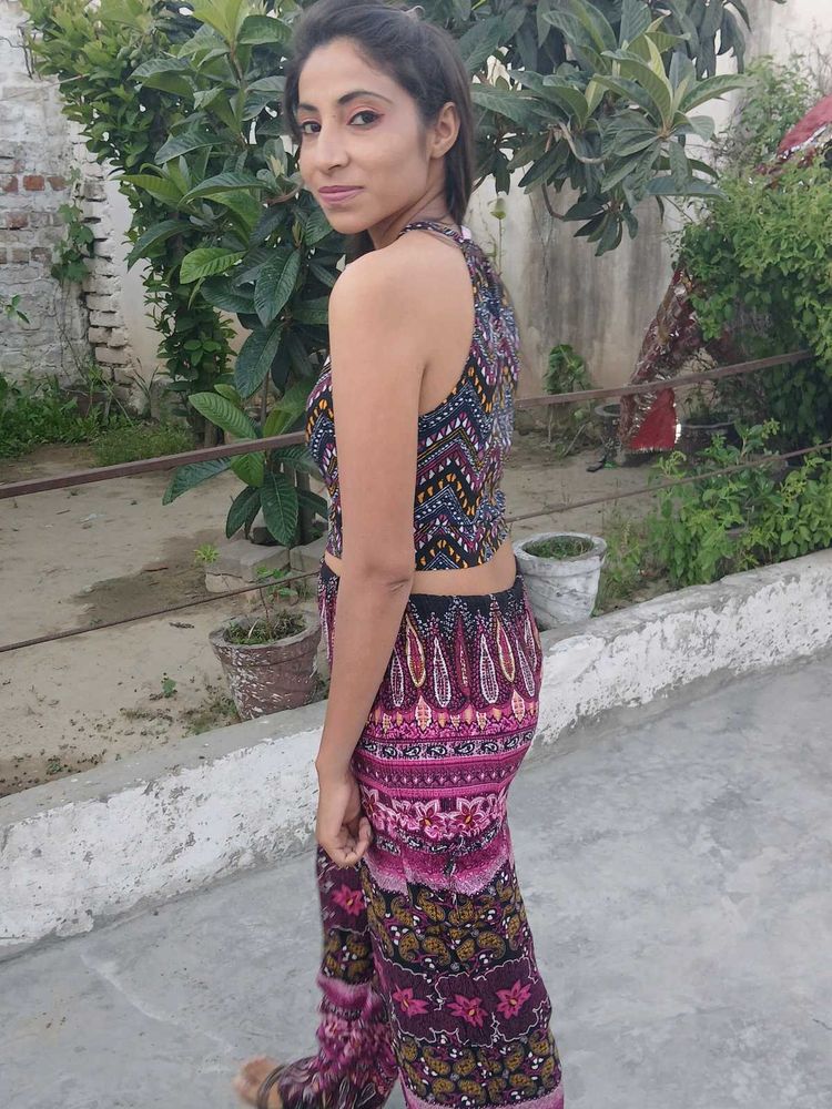 Printed Hater Neck Top + Plazo Set