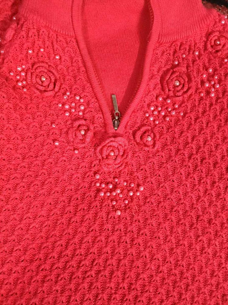 Coral Knit Sweater with Floral Details