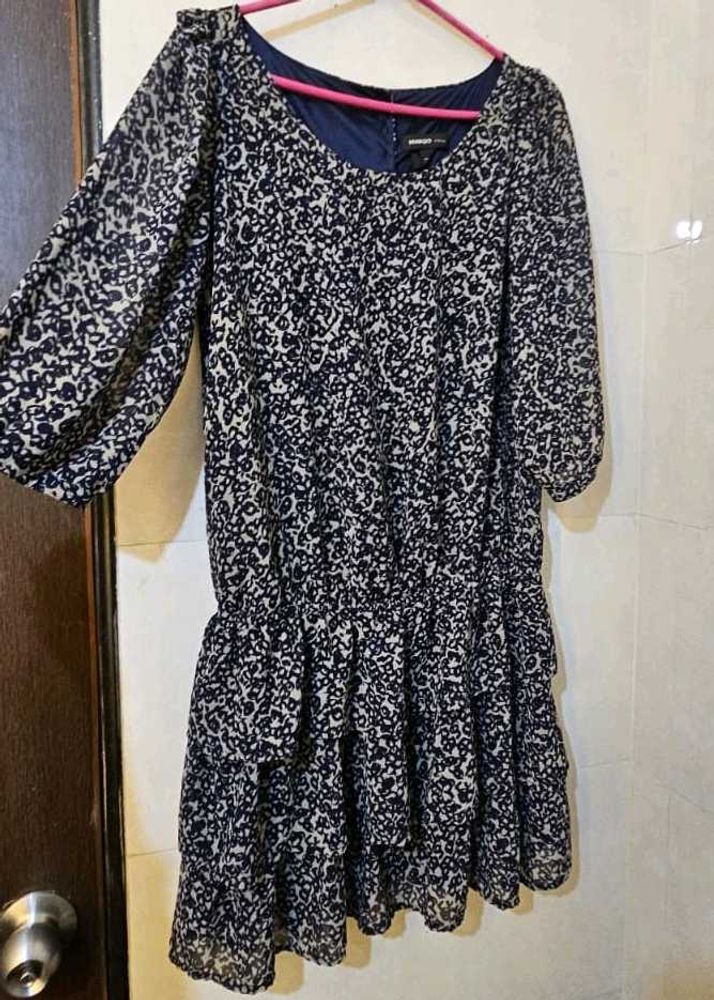 Mango Navy Blue Printed Flare Dress
