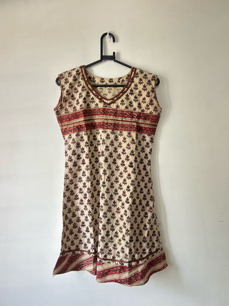 Pure Cotton Print Beige Kurta