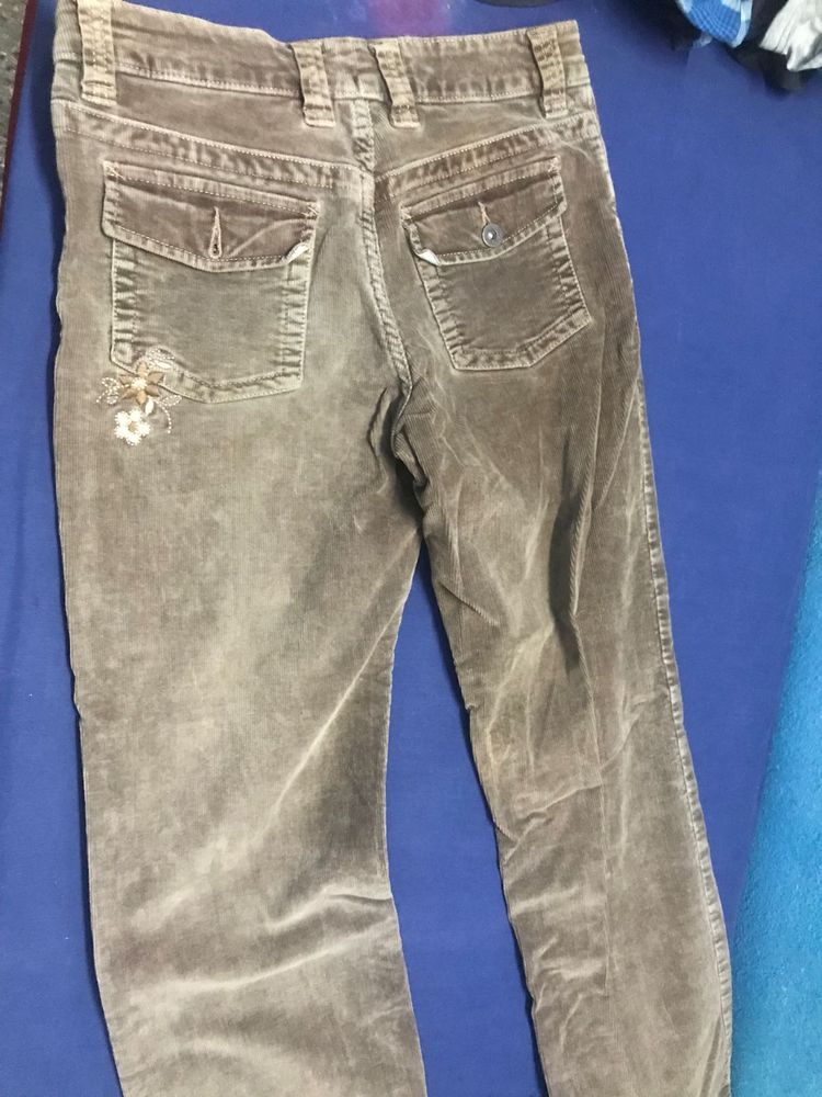 Brown Corduroy Pants with Floral Detail