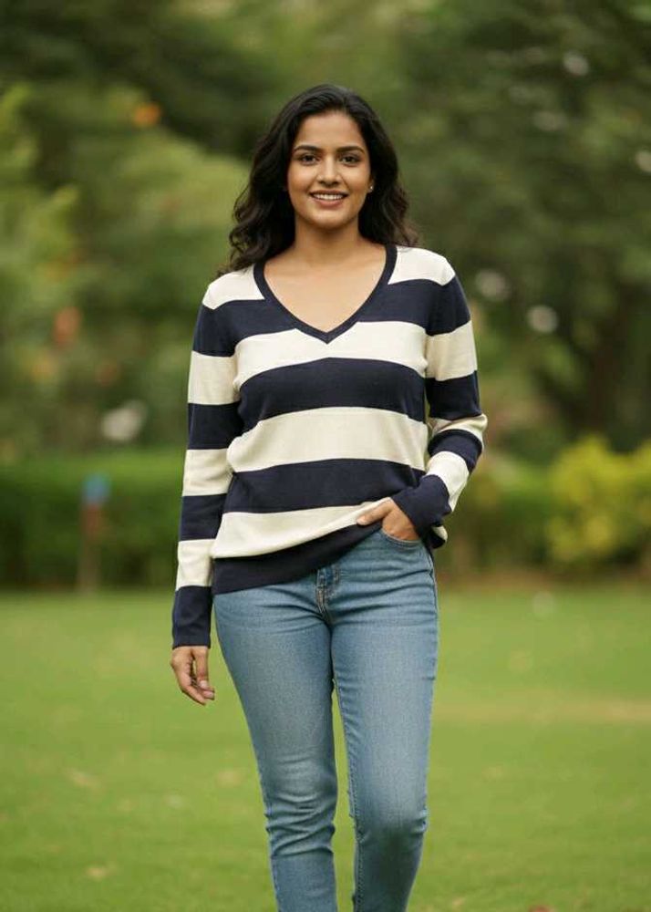 Imported Striped V-Neck Knit Sweater