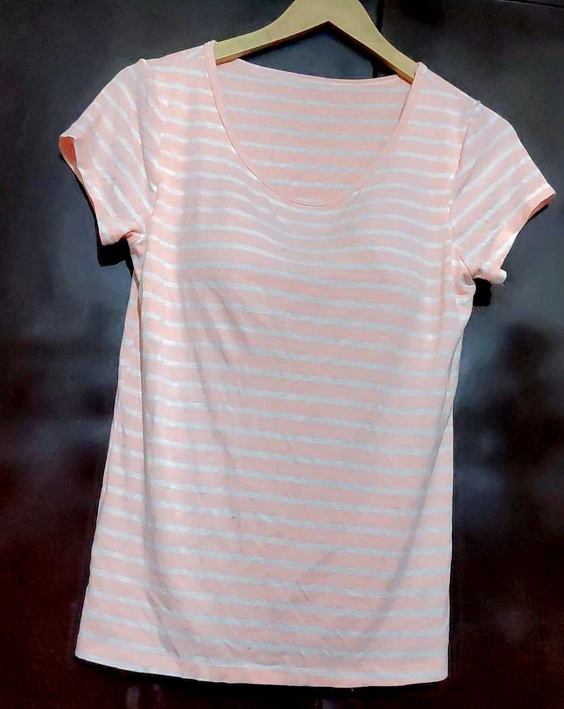 Pink Striped T-Shirt With Attached Bra Padded 36 B