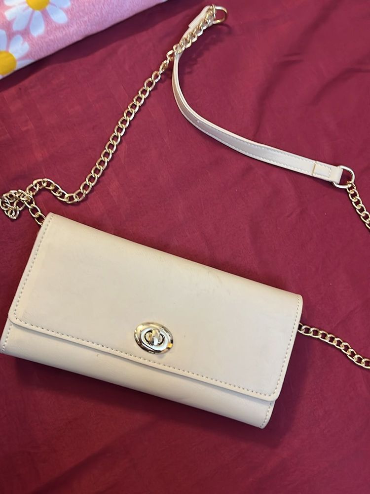 Beige Sling Bag With Golden Hardware