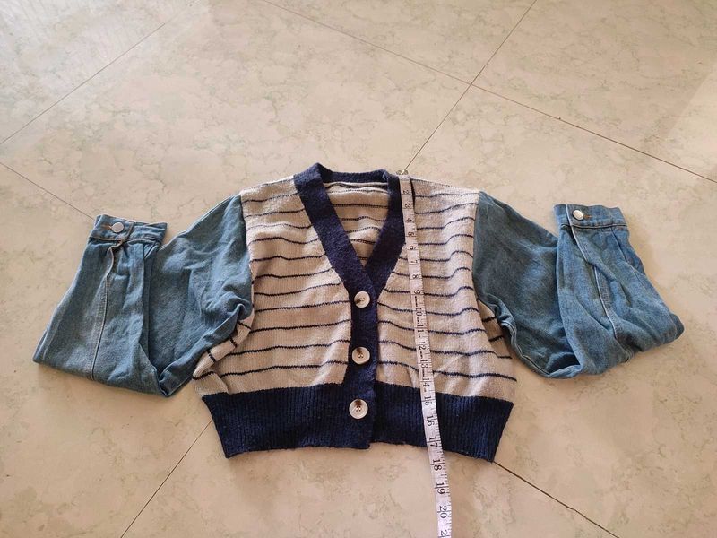striped knit crop cardigan with denim sleeves