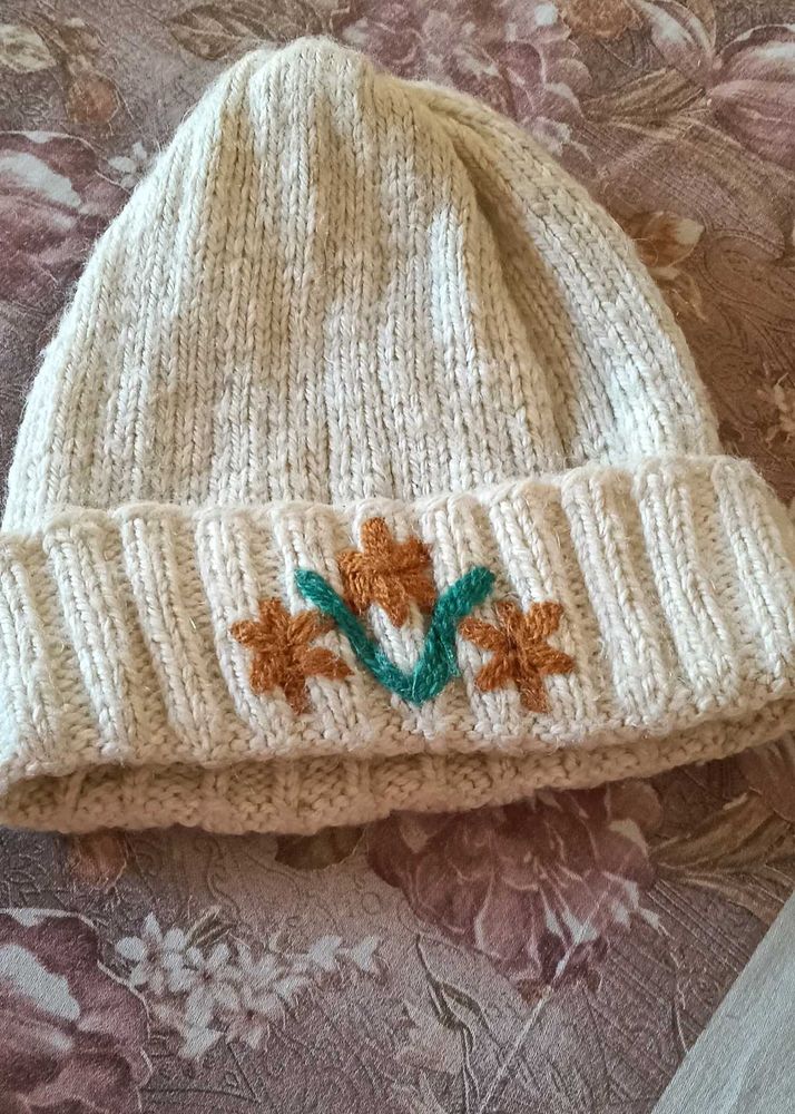Floral Embroidered Knit Beanie