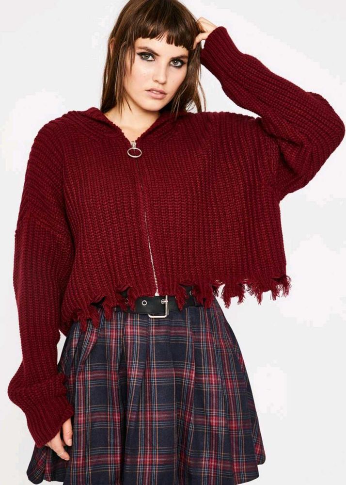 Burgundy Distressed Knit Zip-up Hoodie
