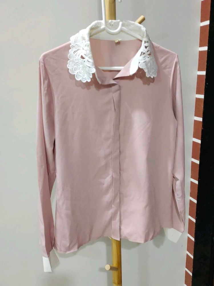 Pink Shirt with Lace Collar
