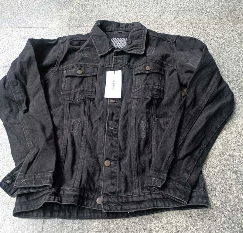 Off White Distressed Black Denim Jacket, Size L