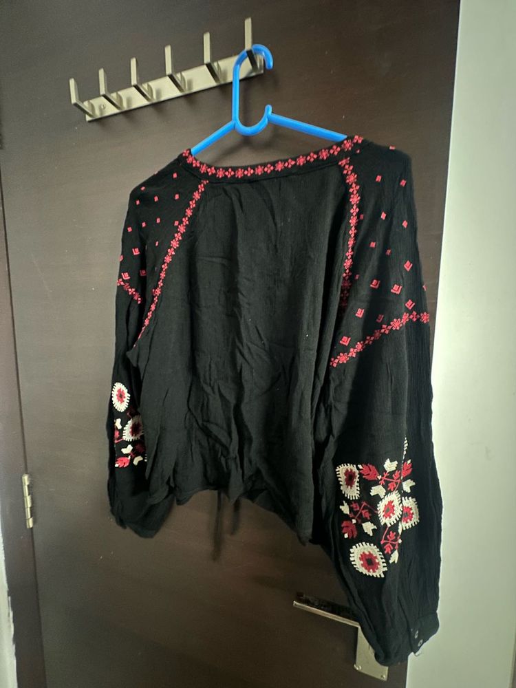 Forever 21 Embroidered Black Boho Top