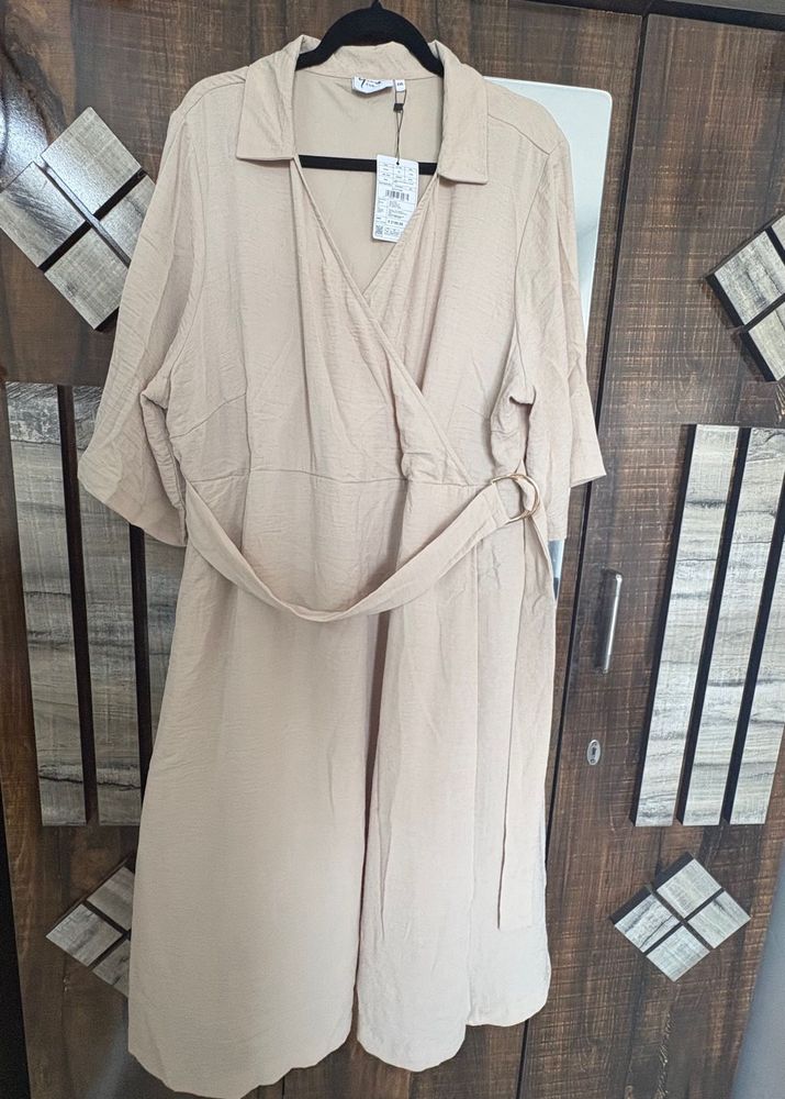 Sale! Beige Crinkle-Textured Wrap Dress