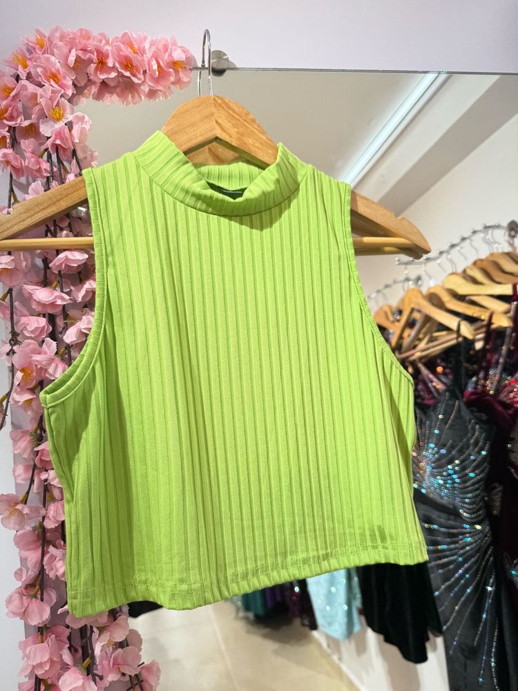 Green Ribbed Mock Neck Top
