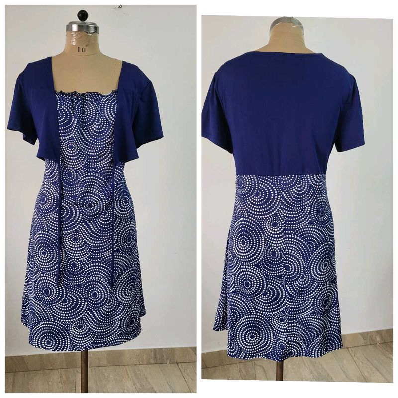 Navy &amp; White Print Dress, Length 38 Inches