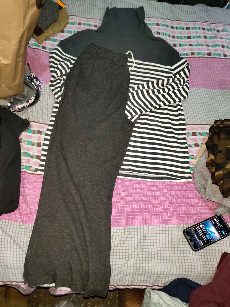 winter high neck Striped Top &amp; Pants Set