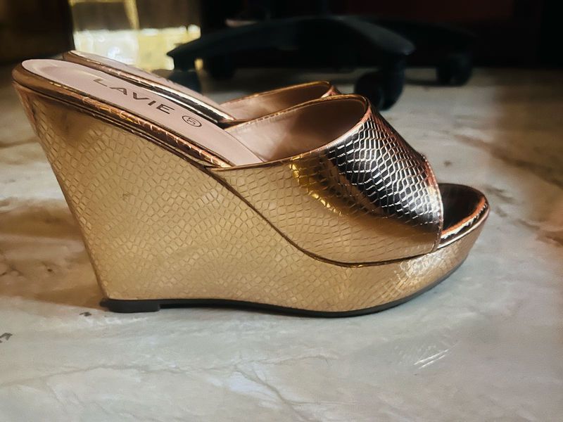 Bronze Snake-Print Platform Wedge Mules