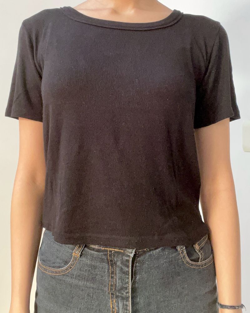 Korean Solid Black Short Sleeve Top Size S