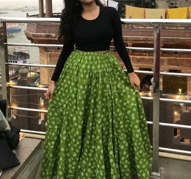 Green Floral Print Ethnic Skirt