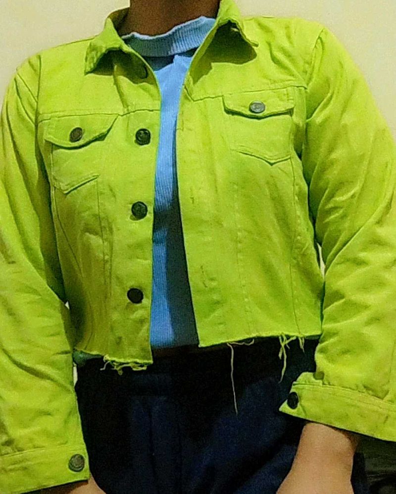 Stylish Crop Lime Green Denim Jacket For Girls