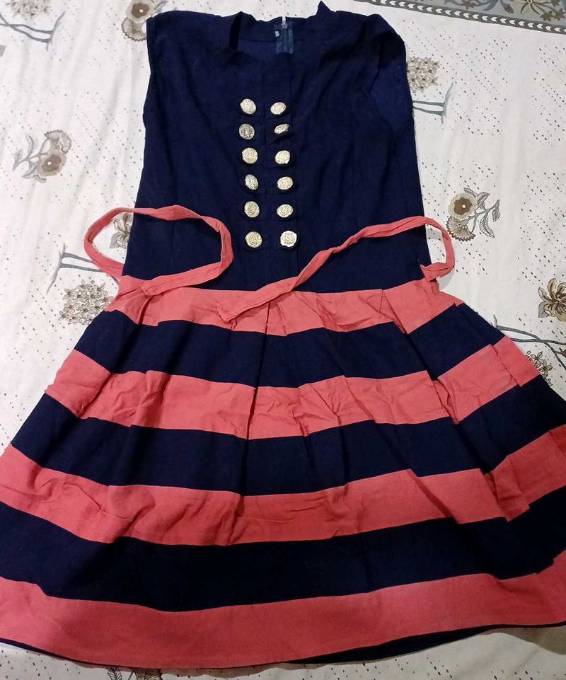 Girls Navy &amp; Pink Striped Dress