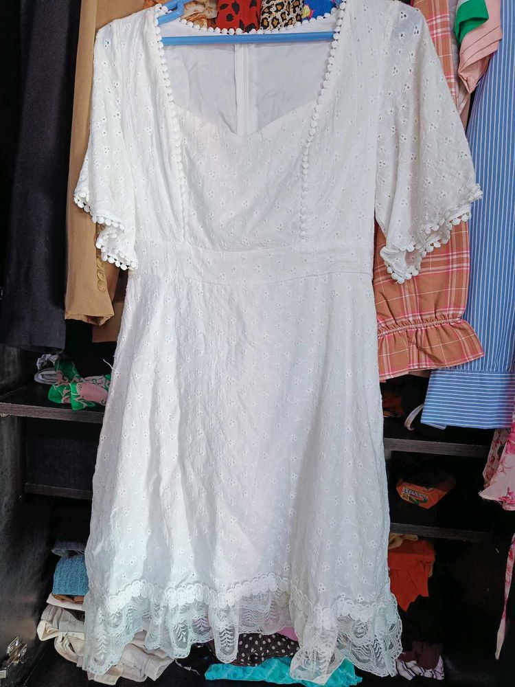 Chic White Eyelet Flutter Sleeve Dress
