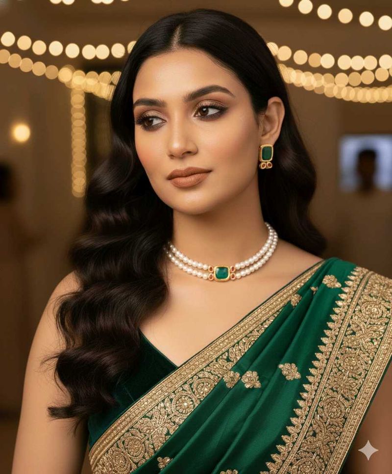 Elegant Green &amp; Pearls Jewellery Set Party Wear