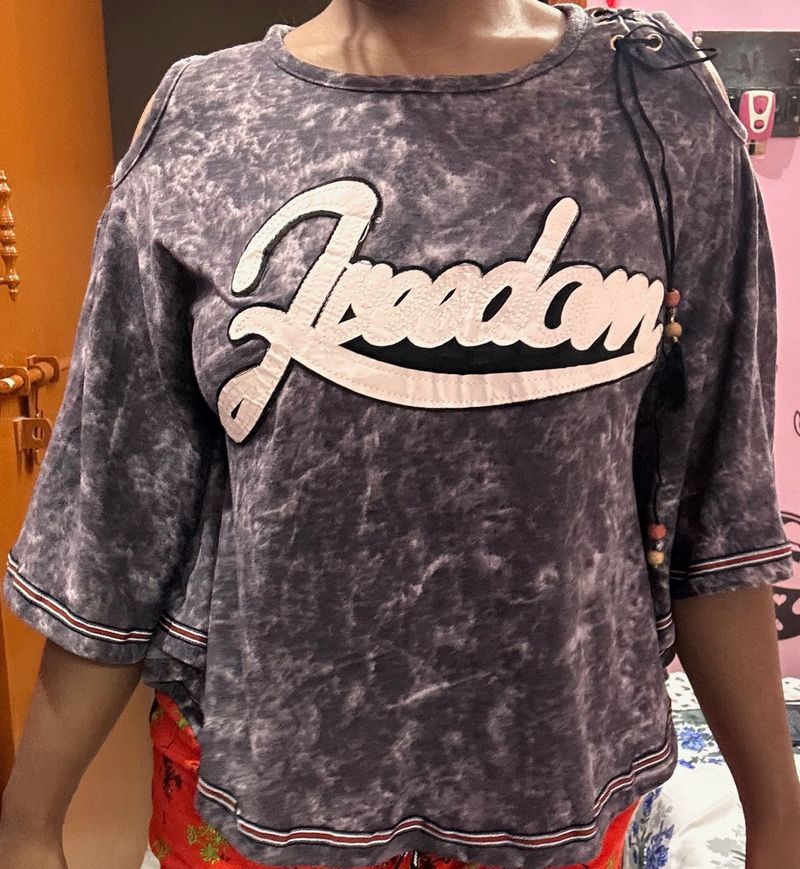 Freedom Graphic Cape Cold Shoulder Top