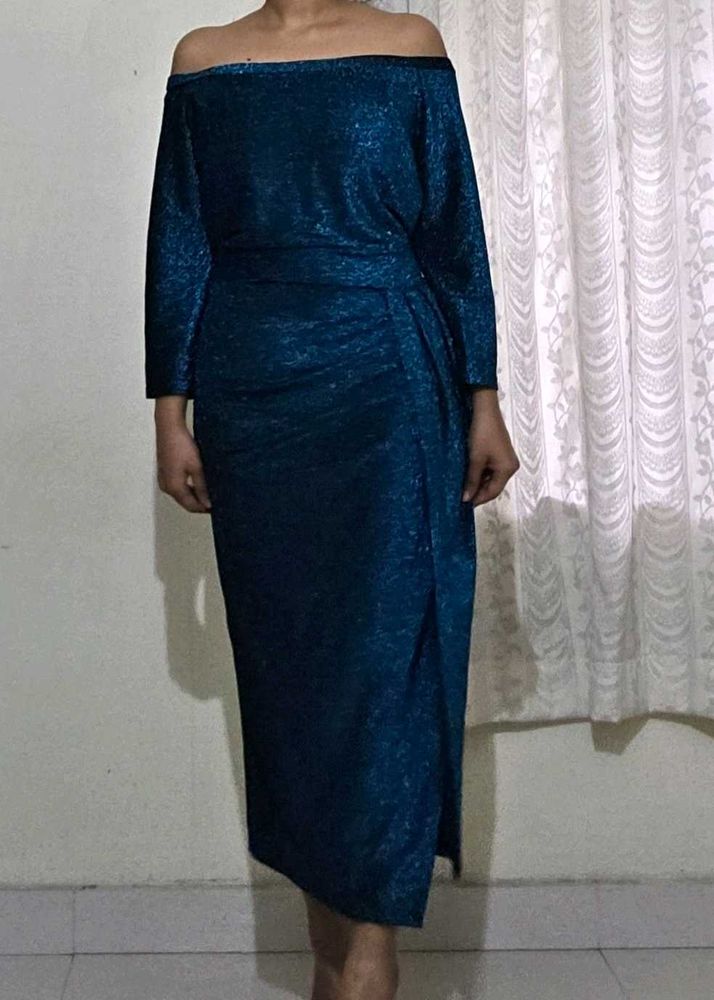 Teal Blue Cocktail Glitter Dress With Slit UK