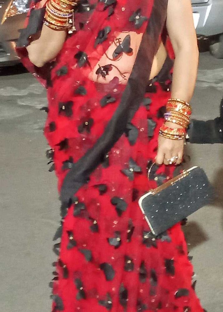 Red Floral Saree With Free Clutch