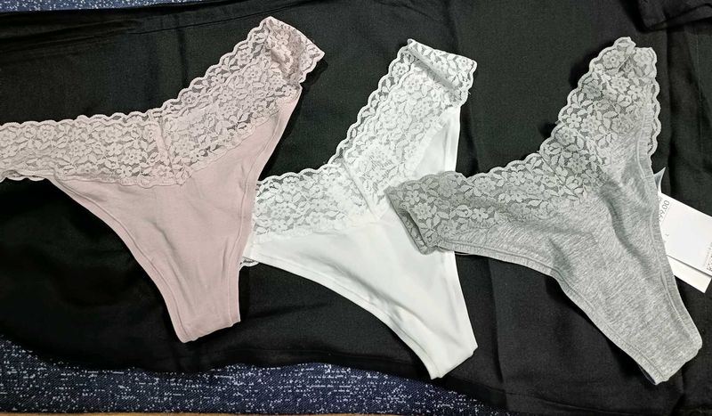 Lace Trim Thong Panties - 3 Pack
