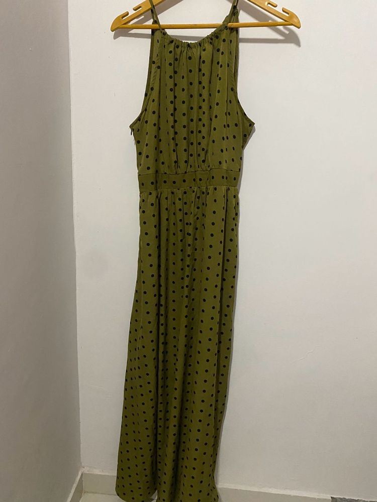 Olive Polka Dot Maxi Halter Neck Dress
