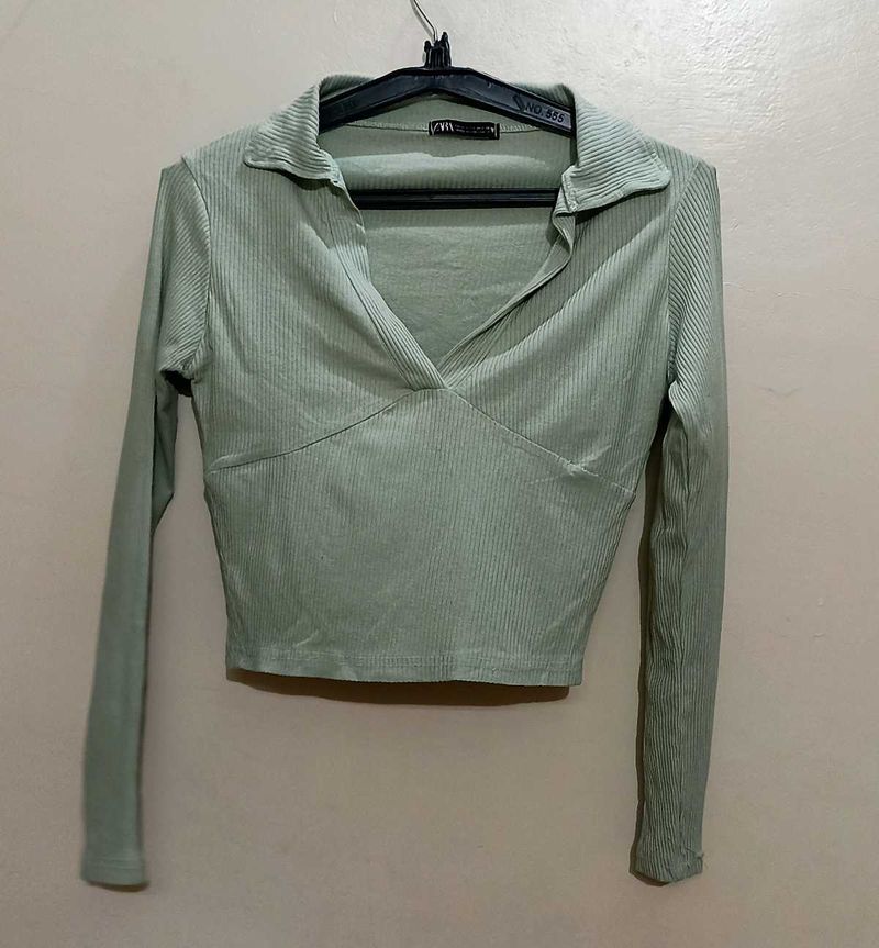 Zara Sage Green Ribbed Top