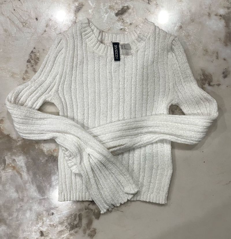 H&amp;M White Ribbed Knit Sweater