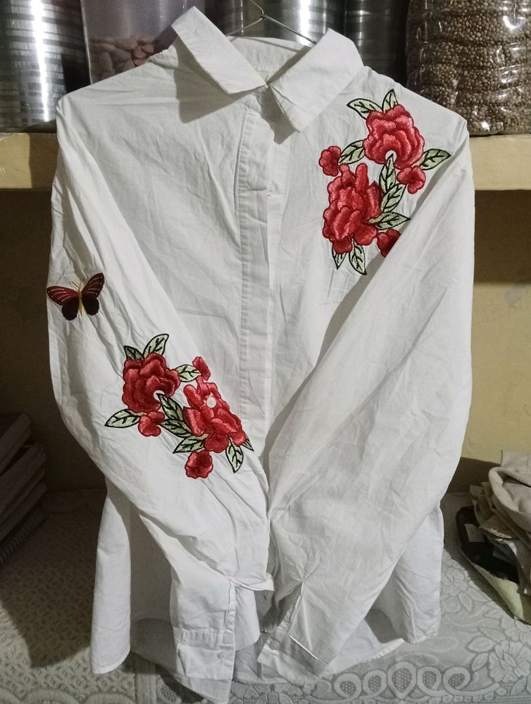 White Rose Thread Work Shirt
