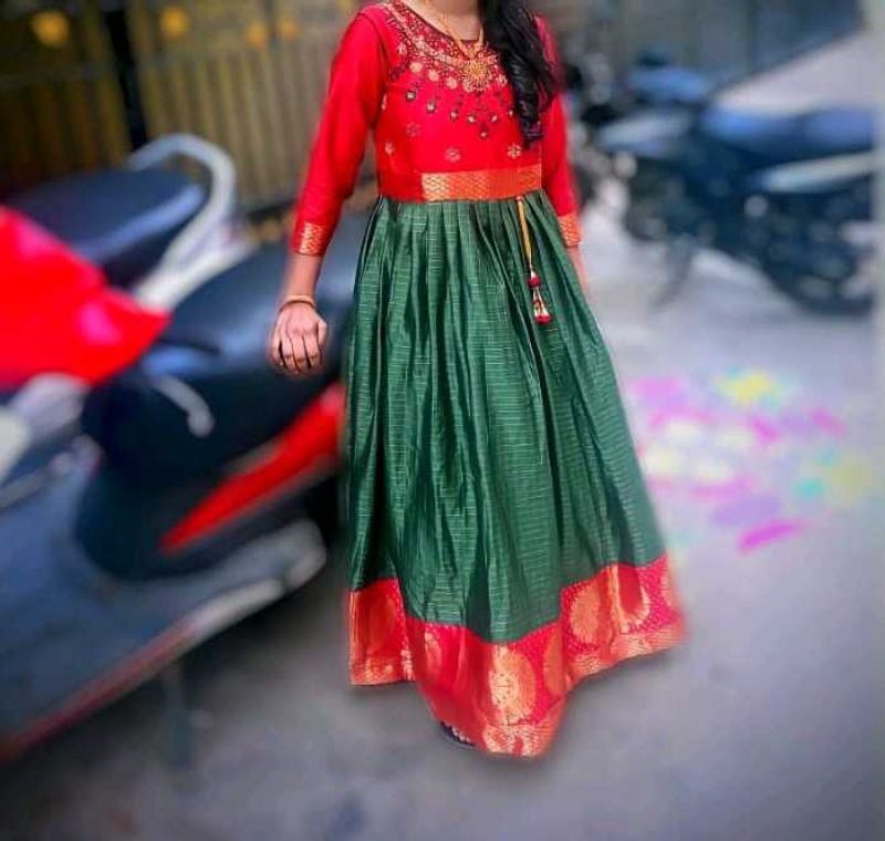 Red &amp; Green Embroidered Anarkali Dress