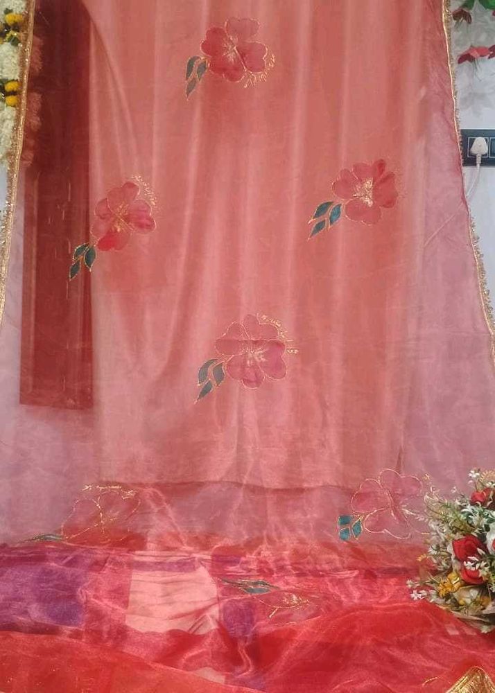 Floral Organza Dupatta hand painted